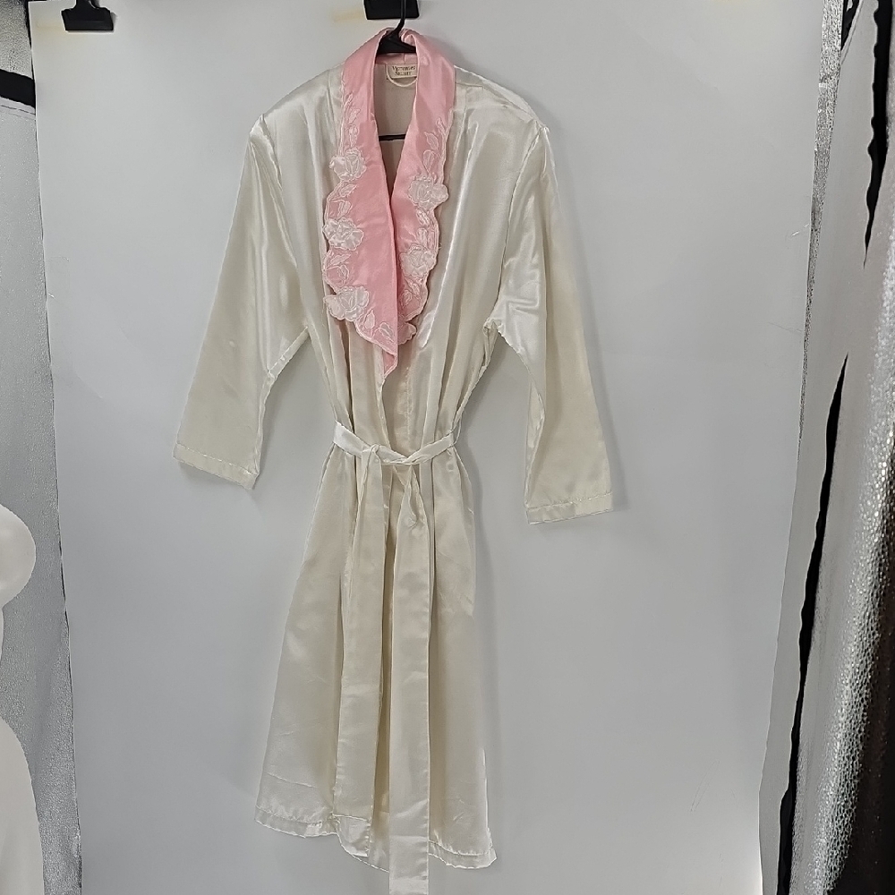 Victoria Secret Vintage Elegant Cream Robe with Pink Lace Trim